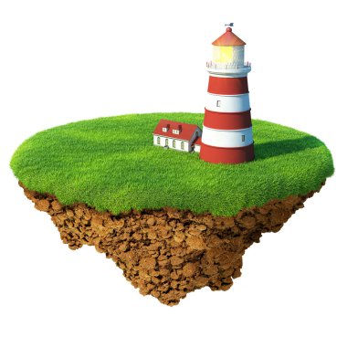Lighthouse on the island. Detailed ground in the base. Concept of success and happiness, idyllic ecological lifestyle. clipart