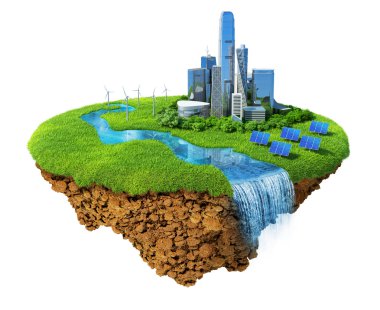 Eco city concept. Cityscape on a lawn with river, waterfall. Fancy island in the air isolated. Detailed ground in the base. Concept of success and happiness, idyllic modern harmony lifestyle. clipart