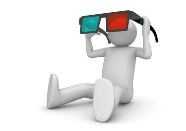 Character wearing 3d stereo anaglyph glasses. Cinema visitor. Isolated. One of a 1000 plus 3d characters series clipart