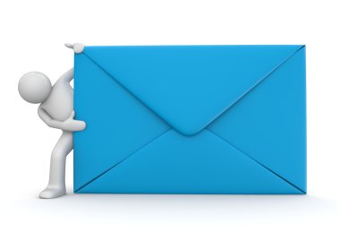 E-mail and character. Blue envelope. Isolated. One of a 1000 plus 3d characters series clipart