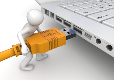 Man connecting USB device clipart