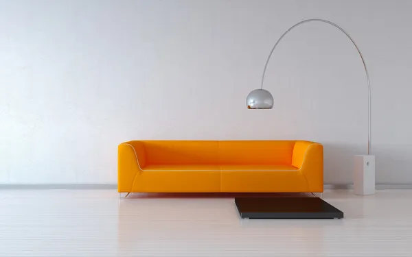 Sofá laranja acolhedor junto à parede — Fotografia de Stock