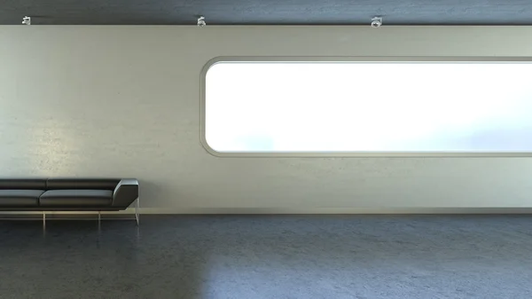Interrior duvar pencere boşaltmak siyah kanepe — Stok fotoğraf