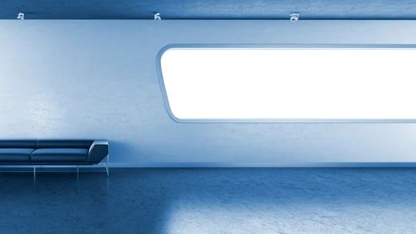 Sofá azul escuro no espaço copyspace da janela da parede do interrior — Fotografia de Stock