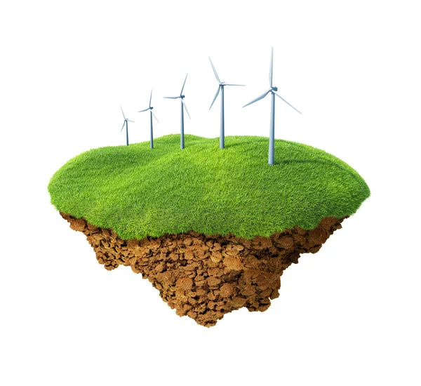 Little fine island - planet. A piece of land in the air. Wind power station mills on the lawn. Detailed ground in the base — Stock Photo, Image