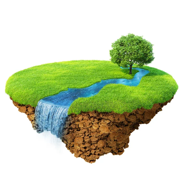 Idyllic natural landscape. Lawn with river, waterfall and one tree. Fancy island in the air isolated. Detailed ground in the base. Concept of success and happiness, idyllic ecological lifestyle. Serie — Stock Photo, Image