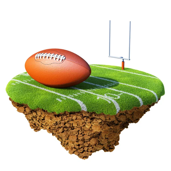 Americké fotbalové hřiště, cíl a míč založené na malé planetě. návrh koncepce pro fotbal - rugby tým nebo konkurence — Stock fotografie