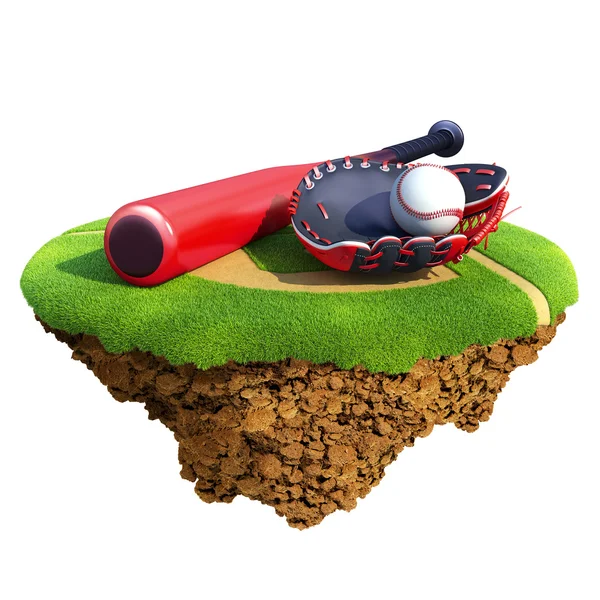 Bate de béisbol, guante (guante de receptor) y pelota basada en el pequeño planeta. Concepto para equipo de béisbol o diseño de competición — Foto de Stock