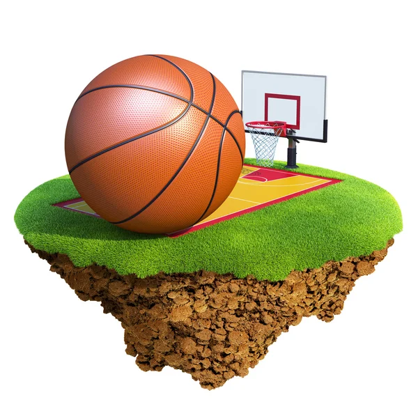 Баскетбольный мяч, носилки, обруч и корт на основе маленькой планеты. Концепция баскетбольной команды или дизайн соревнований — стоковое фото
