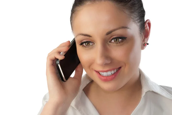 Attractive young woman talking over touch phone — Stock Photo, Image