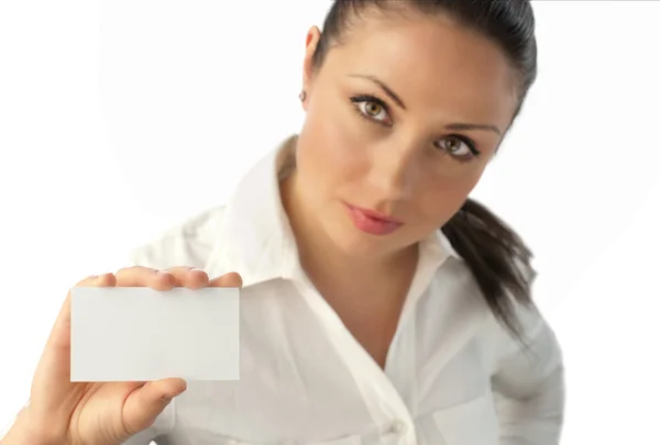 Attractive young businesswoman with empty business card — Stock Photo, Image