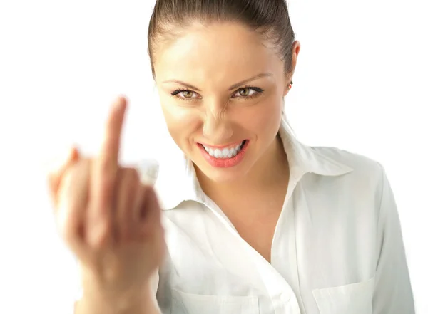 Attractive girl showing middle finger — Stock Photo, Image