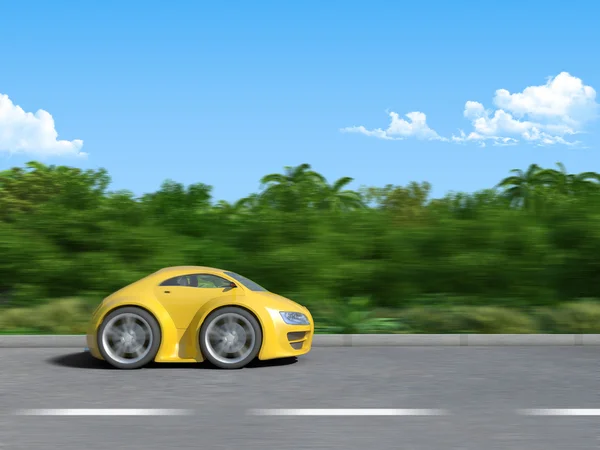 道路の黄色いスポーツカーのプラモデル (面白いと熱帯の島の道の上のレースの 3 d レンダリング) — ストック写真