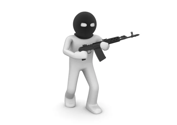 Terrorista. Caráter com rifle automático. Um dos 1000 mais série de caracteres 3d — Fotografia de Stock
