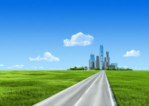 Extremamente detalhado 7000px grama e cidade no horizonte. Arranha-céus centro de negócios não muito longe do campo com grama verde limpa. Colecção de grama . — Fotografia de Stock