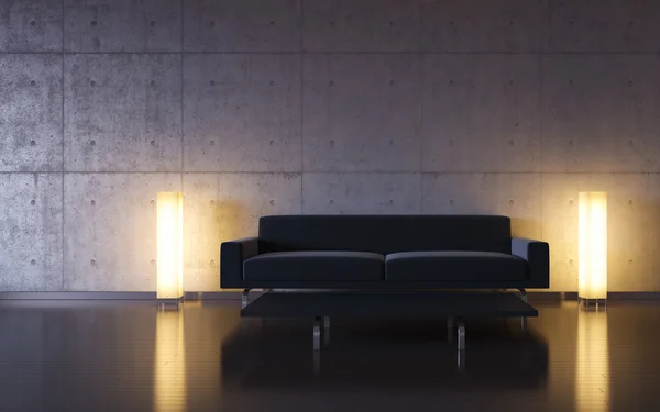 Minimalism: black couch and two lights by the wall (3d minimalism HQ interiors with copy spaces series) Stock Image