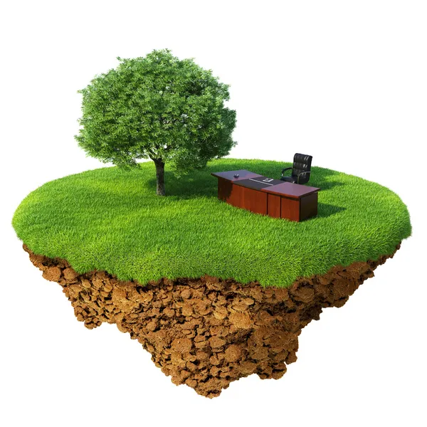 Gräsmatta med träd, office bord och stol på den lilla fina ön - planet. en bit mark i luften. detaljerad marken i base — Stockfoto