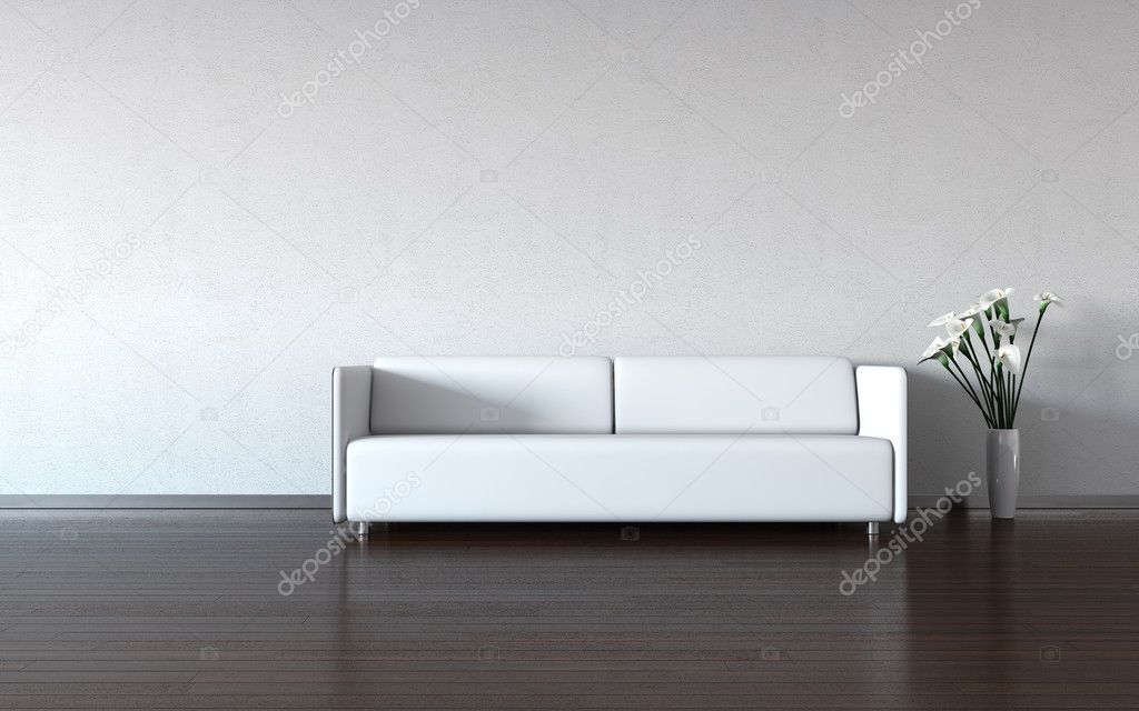 Minimalism: white couch and vase by the wall