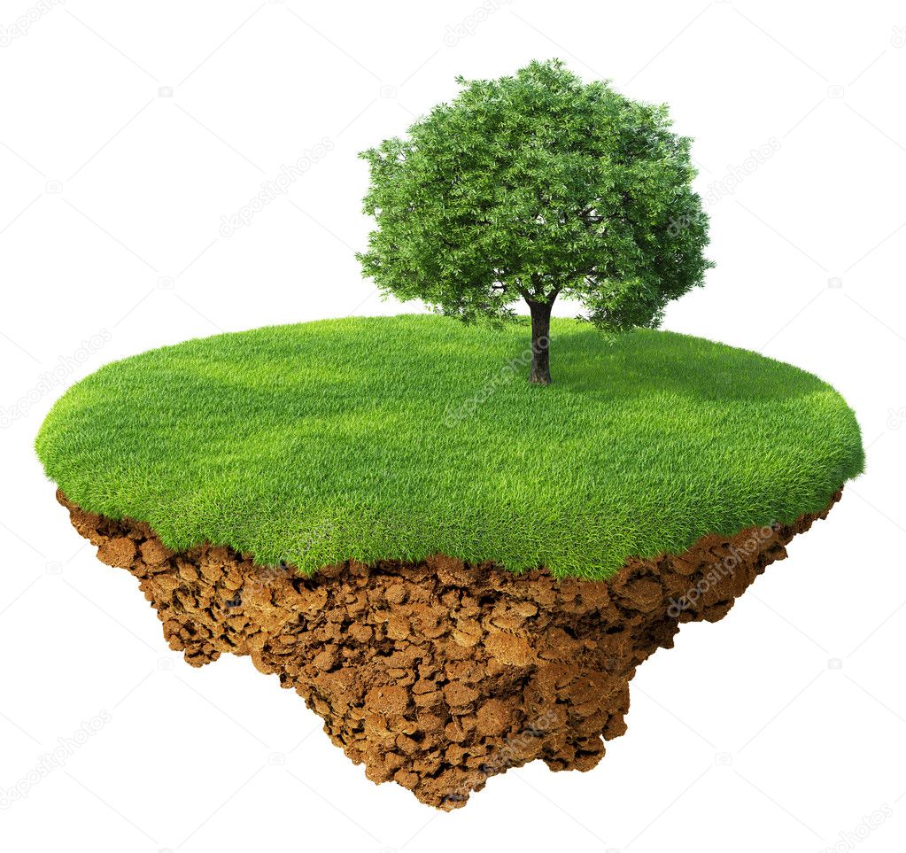 Little fine island - planet. A piece of land in the air. Lawn with a tree. Detailed ground in the base