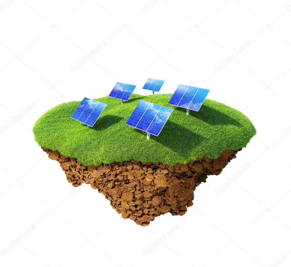 Little fine island - planet. A piece of land in the air. Sun energy station modules on the lawn. Detailed ground in the base. Concept idyllic ecological lifestyle, modern enegry consumption