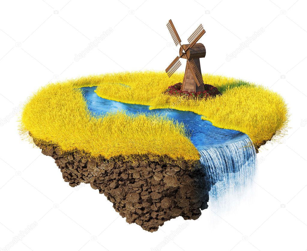 Mills, grain field, river with falls on the little magic planet. Piece of land in the air. Concept of success and happiness, agriculture, idyllic ecological lifestyle. One of a series