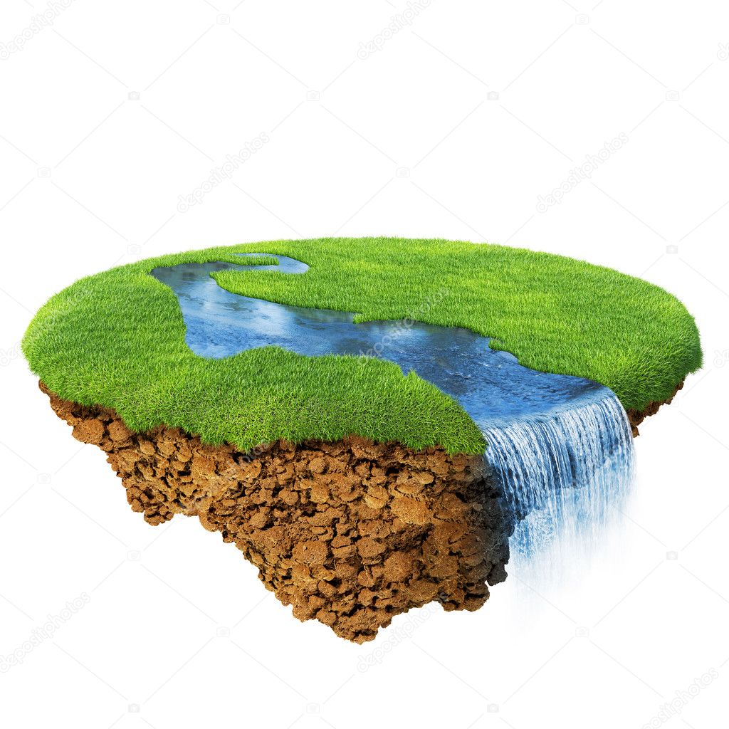 River with falls on the little magic planet. Piece of land in the air. Concept of success and happiness, idyllic ecological lifestyle. One of a series