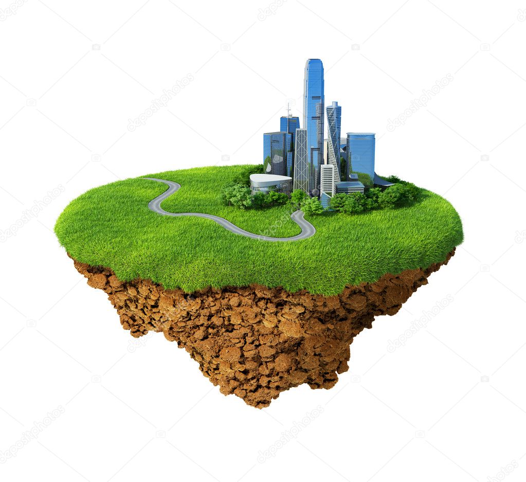 Eco city concept. Cityscape on a lawn. Fancy island in the air isolated. Detailed ground in the base. Concept of success and happiness, idyllic modern harmony lifestyle.