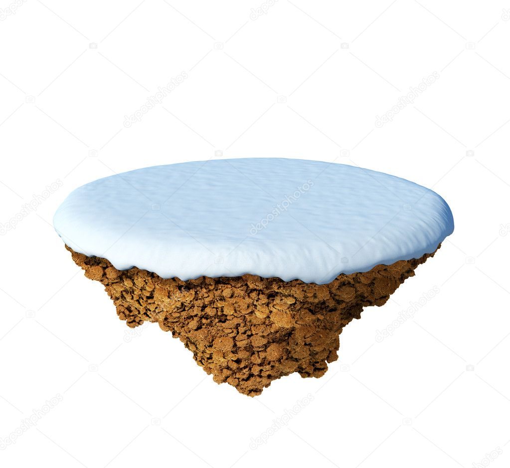 Little snowy island - planet. A piece of land in the air. Empty snowy field. Detailed ground in the base