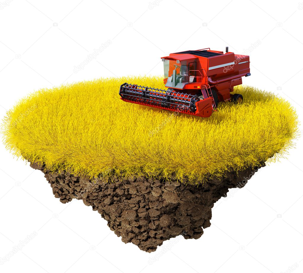 Agriculture: harvesting grain field on the little magic planet. Piece of land in the air. Concept of success and happiness, agriculture, idyllic ecological lifestyle. One of a series