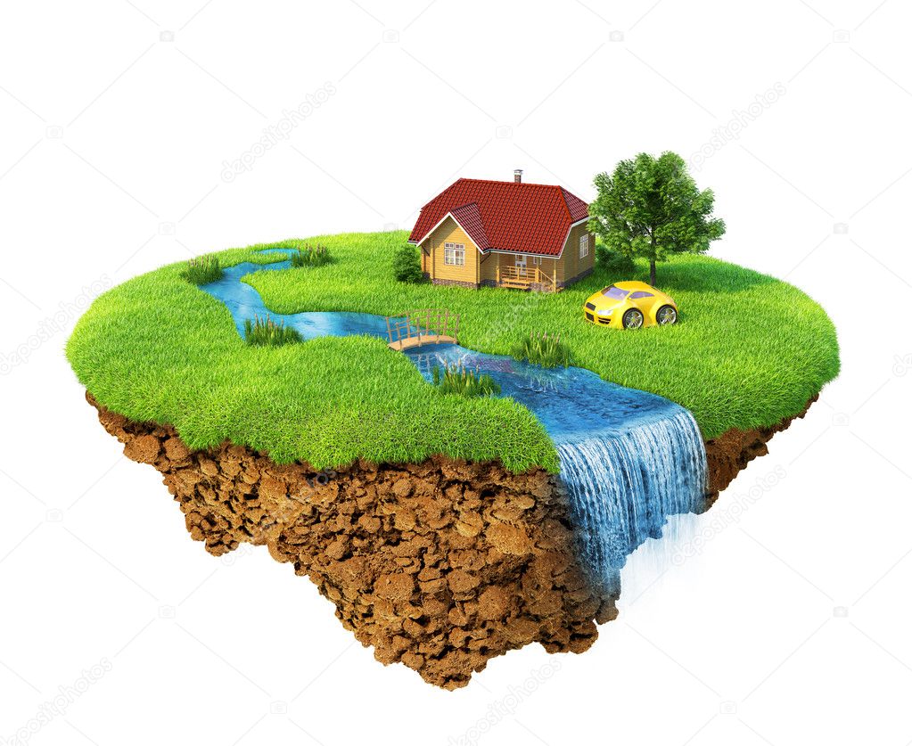Life of a dream. Lawn with house, river, waterfall, tree and sports car. Fancy island in the air isolated. Detailed ground in the base. Concept of success and happiness, idyllic ecological lifestyle.