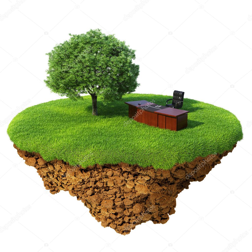 Lawn with tree, office table and chair on the little fine island - planet. A piece of land in the air. Detailed ground in the base