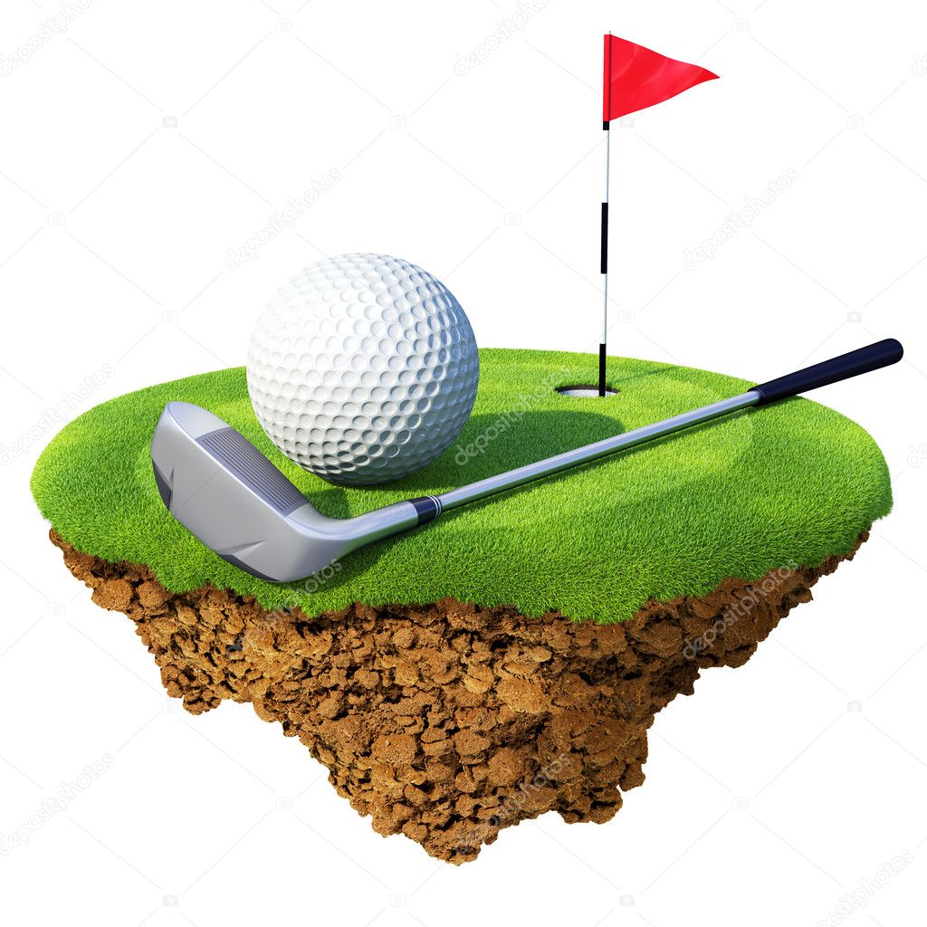 Golf club, ball, flagstick and hole based on little planet. Concept for golf club or competition design