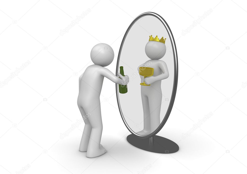 Narcissist - man with bottle king in mirror