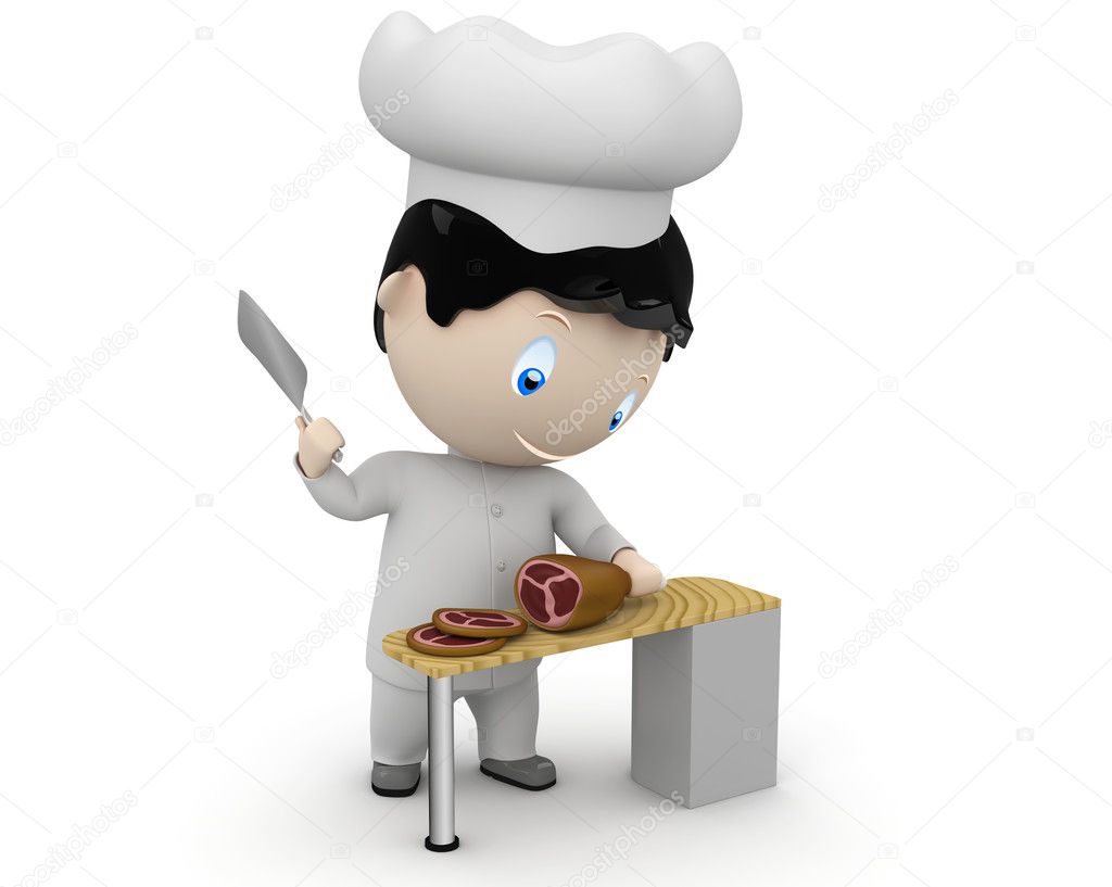 Cook at work! Social 3D characters: happy smiling cook in uniform cuting ham. New constantly growing collection of expressive unique multiuse images. Concept for cooking illustration. Isolated.