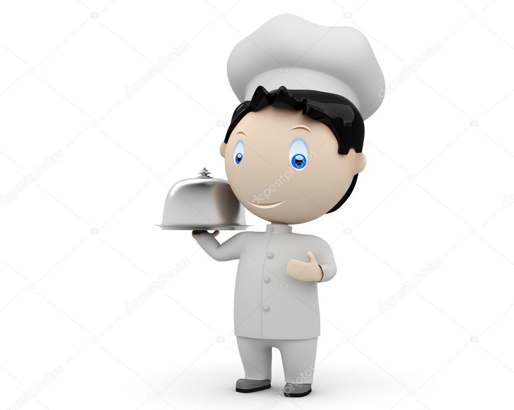 Bon appetit! Social 3D characters: happy smiling cook in uniform with tray and metal cloche lid cover. New constantly growing collection of expressive unique multiuse images. Concept for cookin
