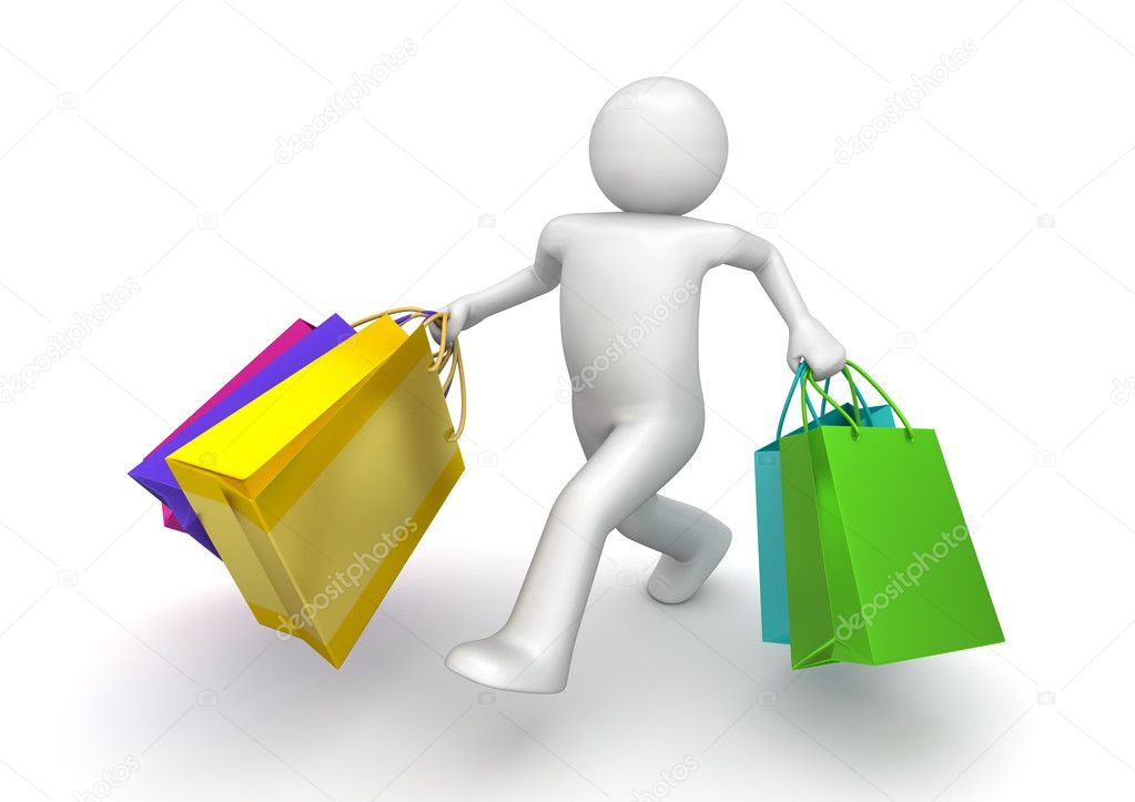 Shopper walking with paper bags (3d isolated on white background
