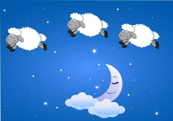 Trois moutons mignons sur fond de ciel nocturne — Image vectorielle