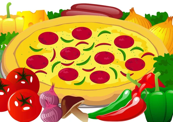Pizza cu brânză, legume proaspete și condimente — Vector de stoc