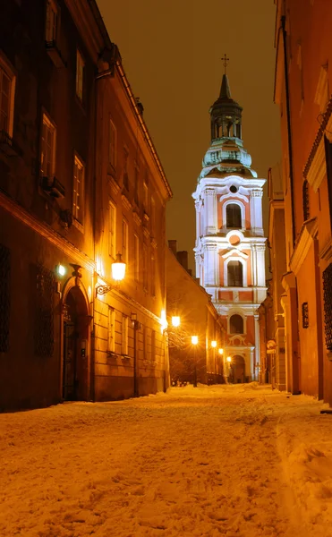 Baroque tower of church in Poznan by night — Stock Photo, Image