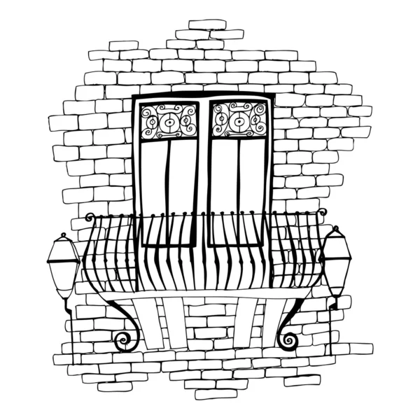 Ilustración de la antigua pared de ladrillo con balcón —  Fotos de Stock