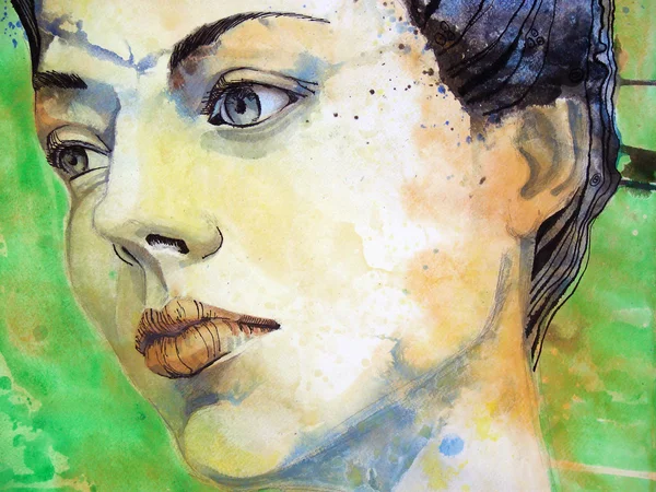 Иллюстрированный портрет красивой девушки включая акварель — стоковое фото