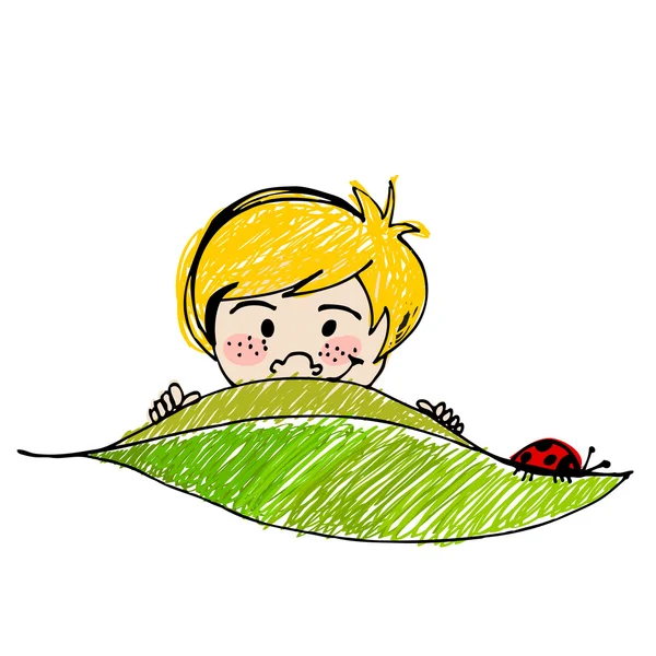 Lindo chico con ilustración de primavera de hoja — Foto de Stock