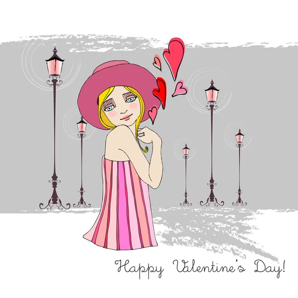 Romantische achtergrond met geïllustreerde schattig meisje voor Valentijnsdag — Stockfoto
