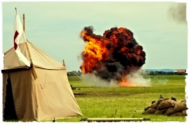 Polaroid style photo of explosion after airplane bombing clipart