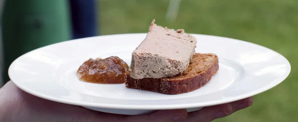 stock image Chicken liver pate and morel with homemade gingerbread and pear