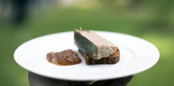 stock image Chicken liver pate and morel with homemade gingerbread and pear