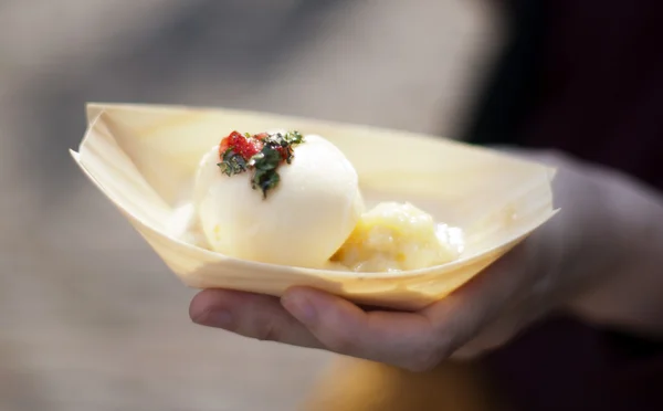 stock image Aloe vera sorbet served on flambed banana