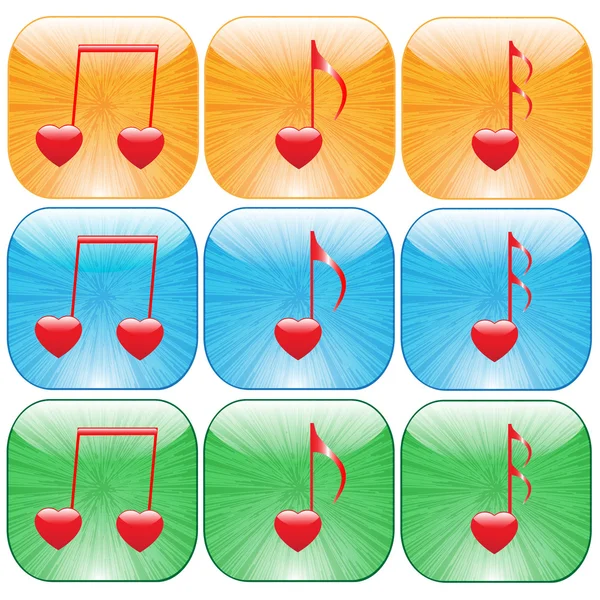 Iconos musicales con el corazón — Vector de stock