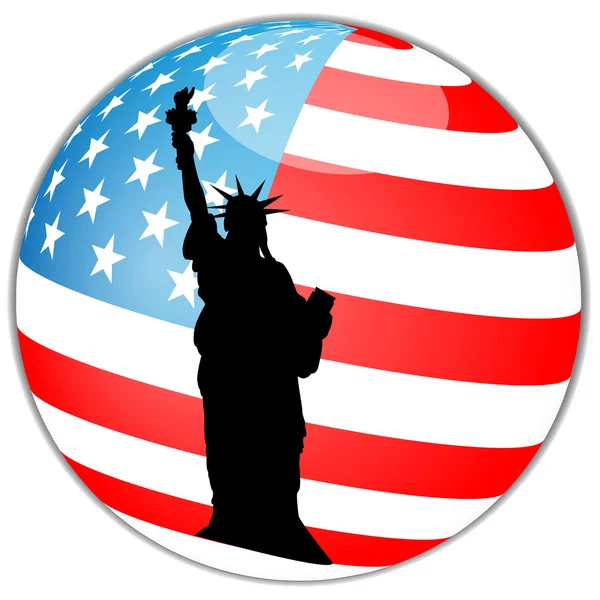 Freiheitsstatue und Globus mit amerikanischer Flagge — Stockvektor