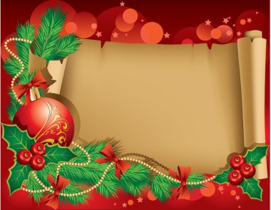 Christmas greetings with a red ball and Christmas tree branch clipart